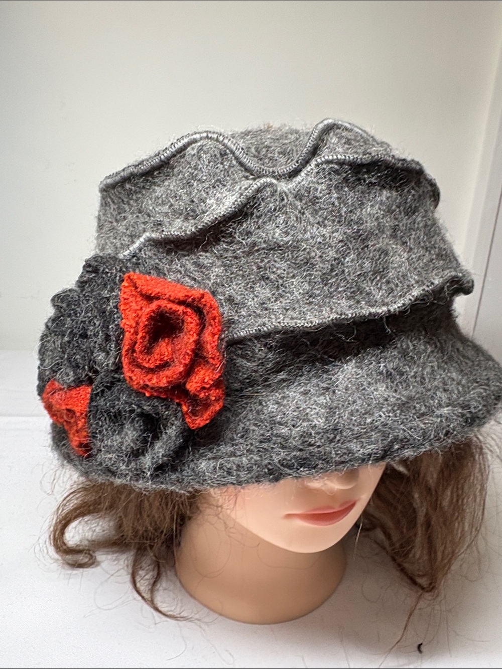 Adora Gray Wool/Acrylic Floral Embellished Fleece-Lined Hat One Size
